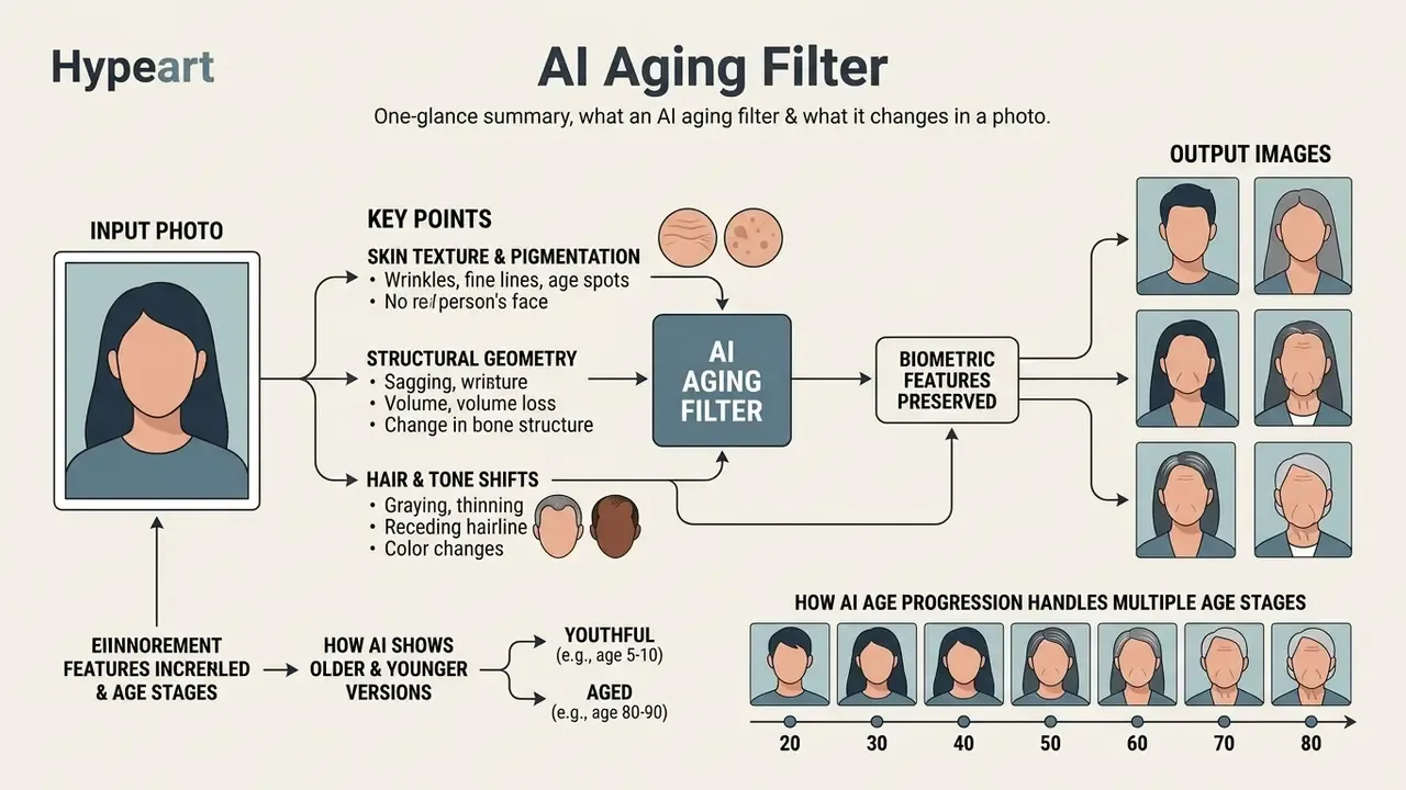Infographic showing how an AI aging filter modifies facial features while preserving biometric identity