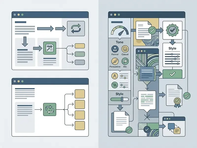 Side by side comparison of simple versus advanced software interfaces for text processing and refinement