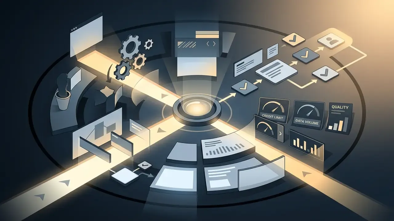 Beams of light radiating from a center point to connect digital interfaces, gauges, and task processing icons