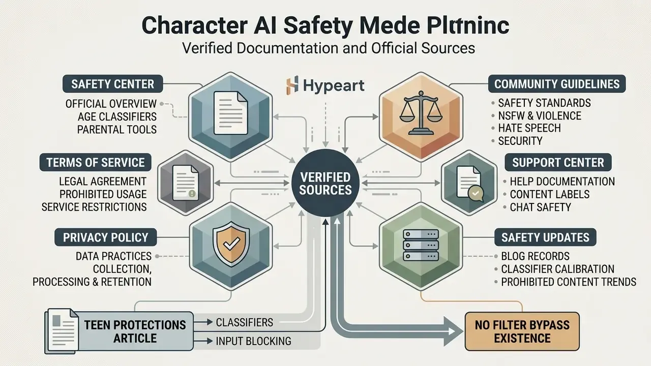 Centralized diagram linking six hexagonal categories of safety documentation to a verified sources hub