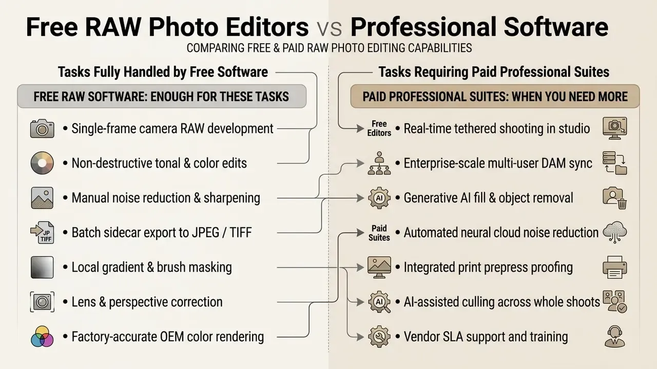 Side-by-side list detailing specific photo editing tasks suited for free versus paid software suites
