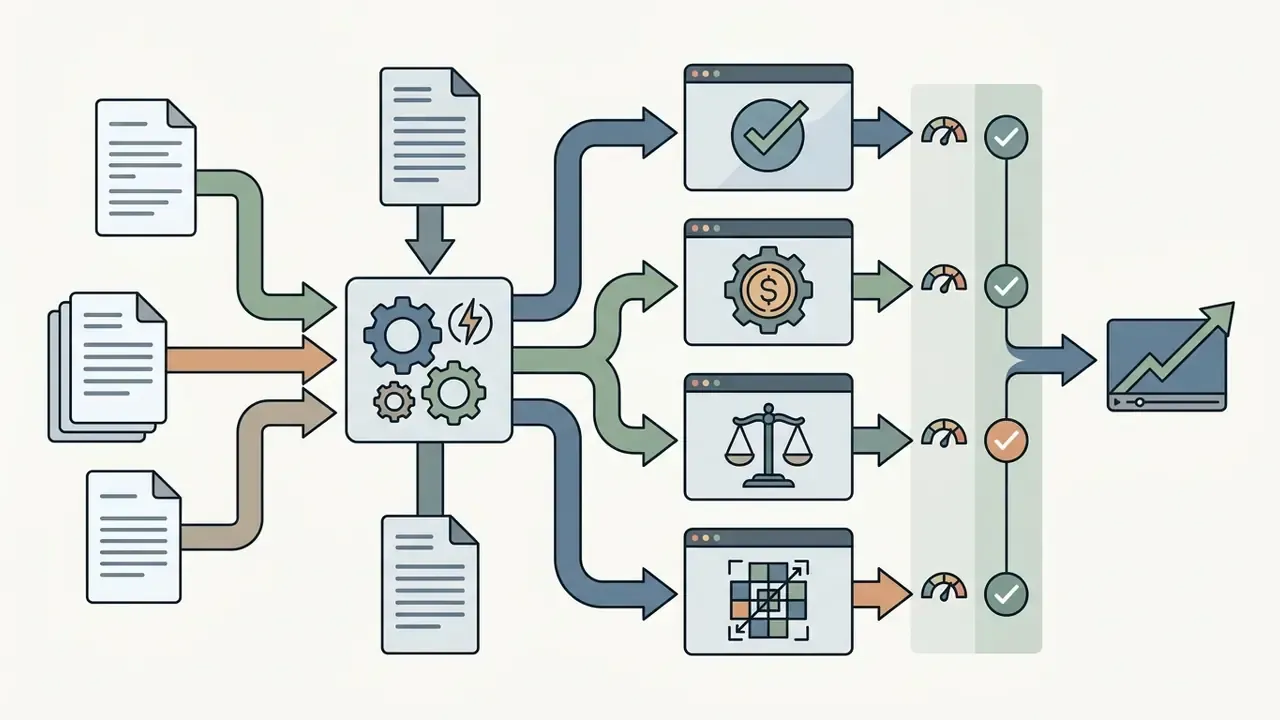 Document inputs feeding into a central gear hub that processes data through various metrics into video