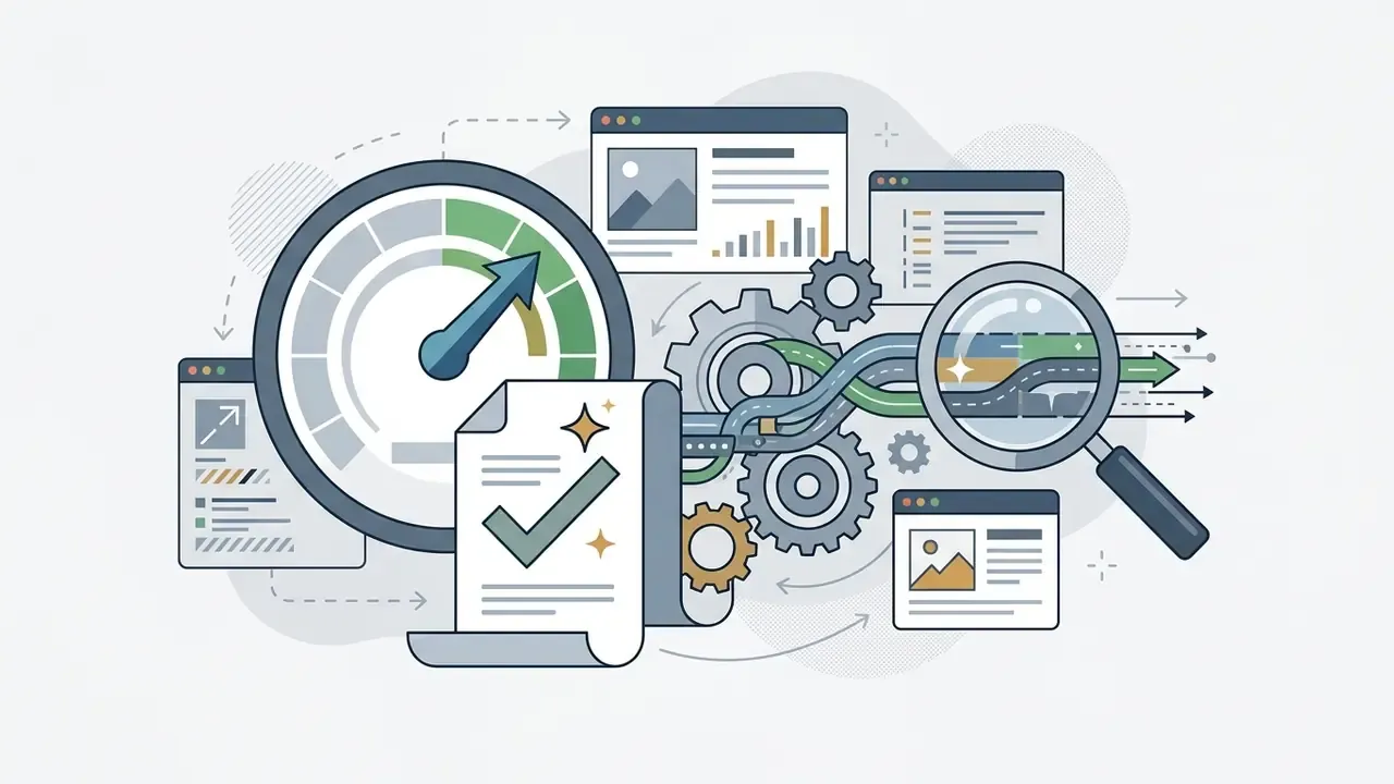 Speedometer and magnifying glass over interconnected gears and digital documents representing data analysis