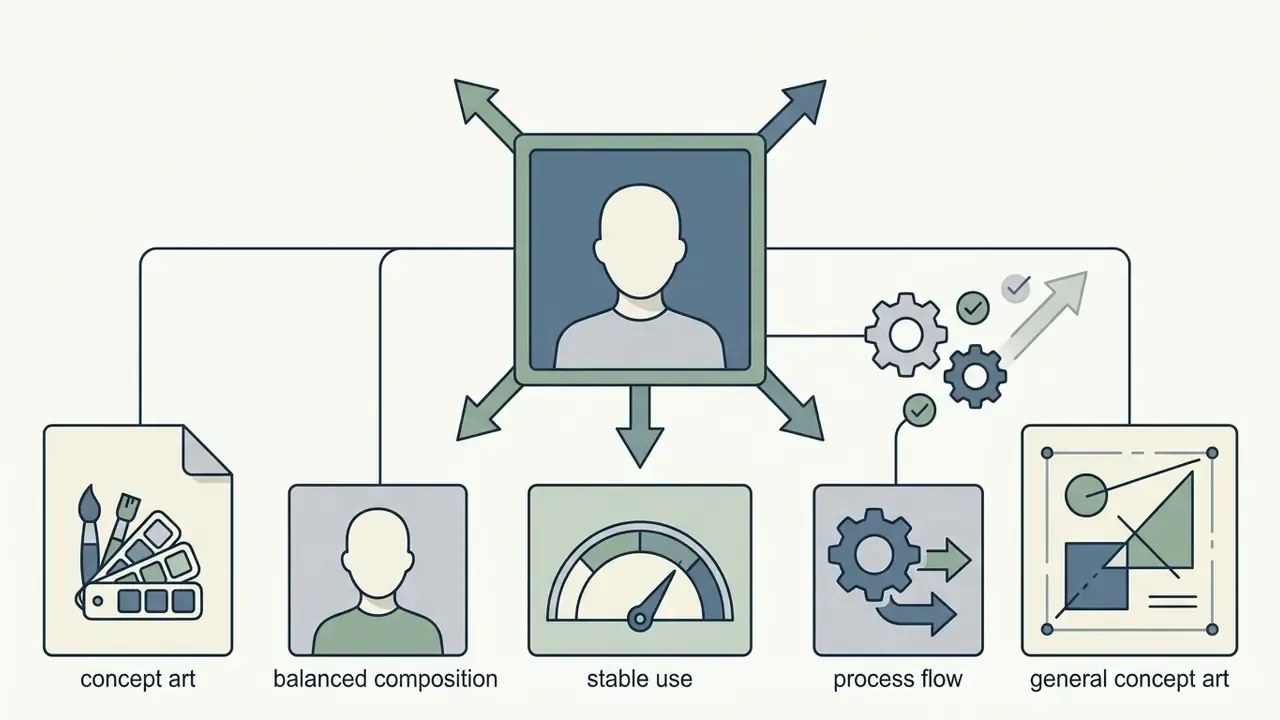Central user icon connected to icons for concept art, balanced composition, stable use, and process flow
