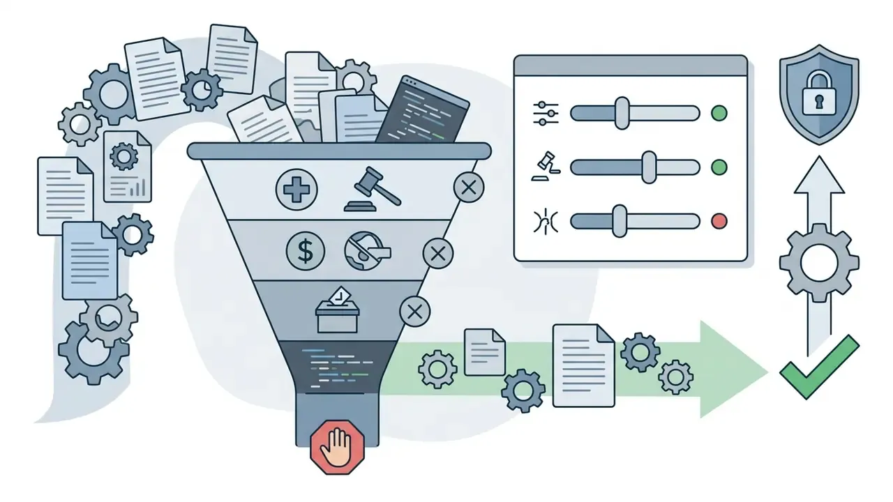 Documents and gears entering a funnel with category filters to block prohibited content and allow safe output