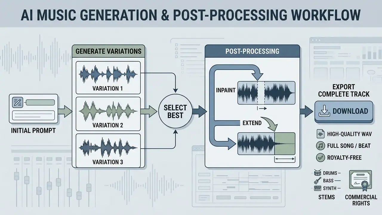 Sequence showing AI music generation from initial prompt to variation selection and post-processing steps