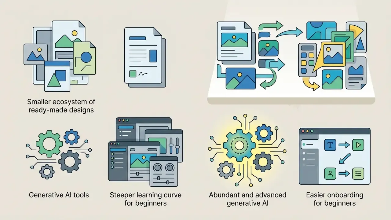 Icons representing design ecosystems, generative AI tools, and learning curves for a reel maker app