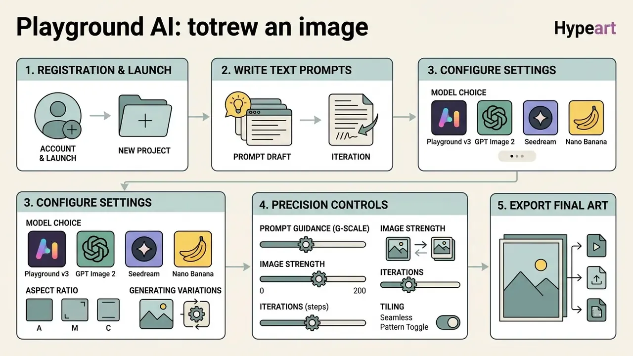 Step-by-step diagram showing the Playground AI workflow from account registration to final art export