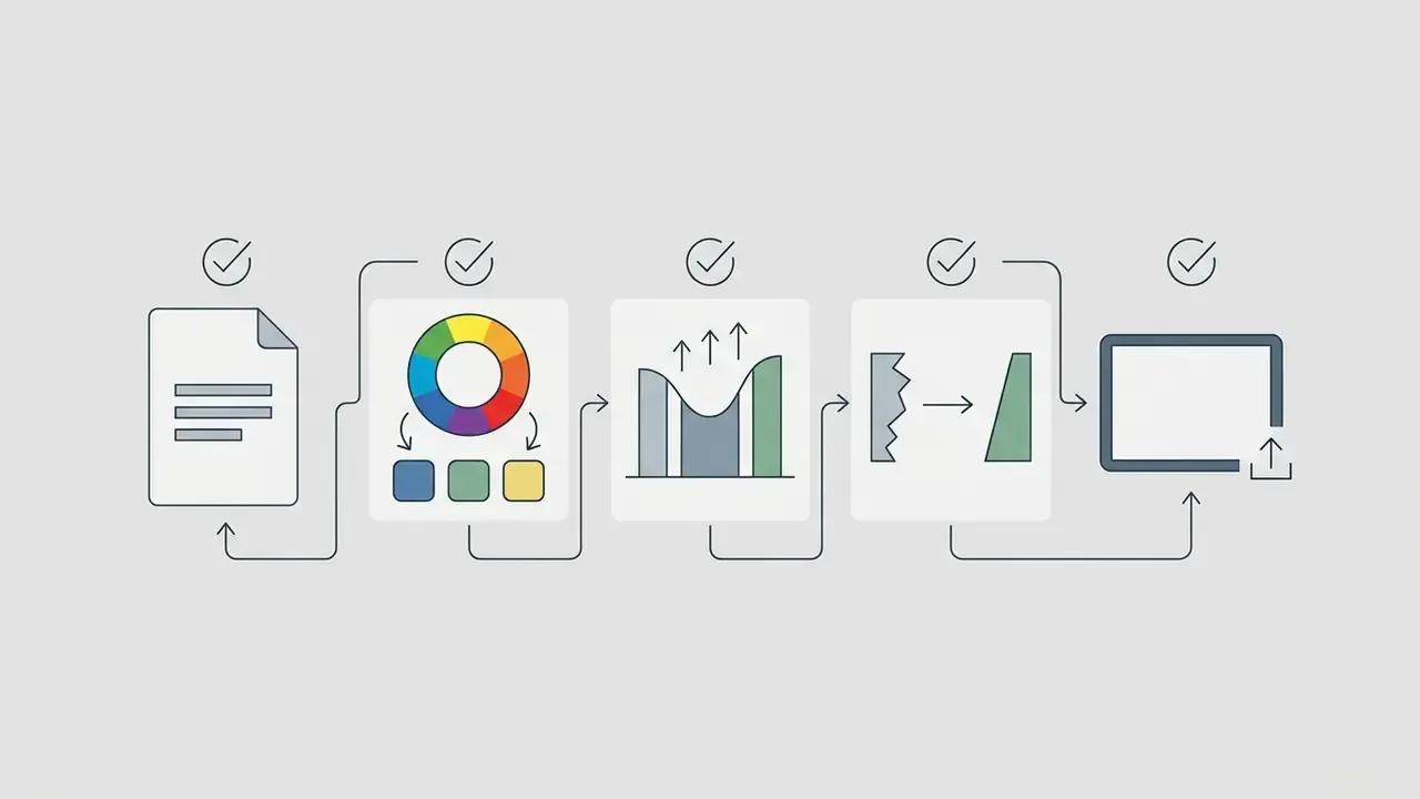 Sequence of five icons showing document review, color grading, contrast adjustment, sharpening, and export