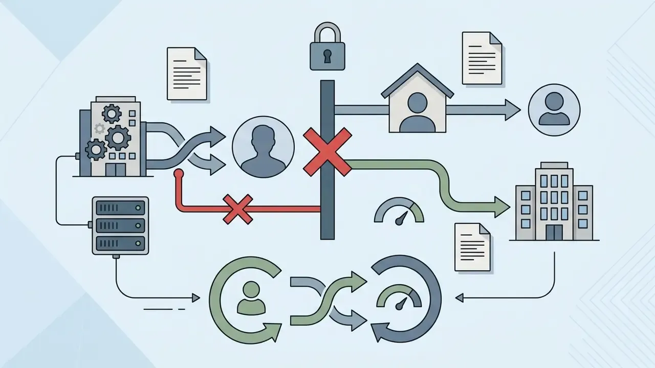 System pathways showing blocked connections between personal user accounts and corporate infrastructure