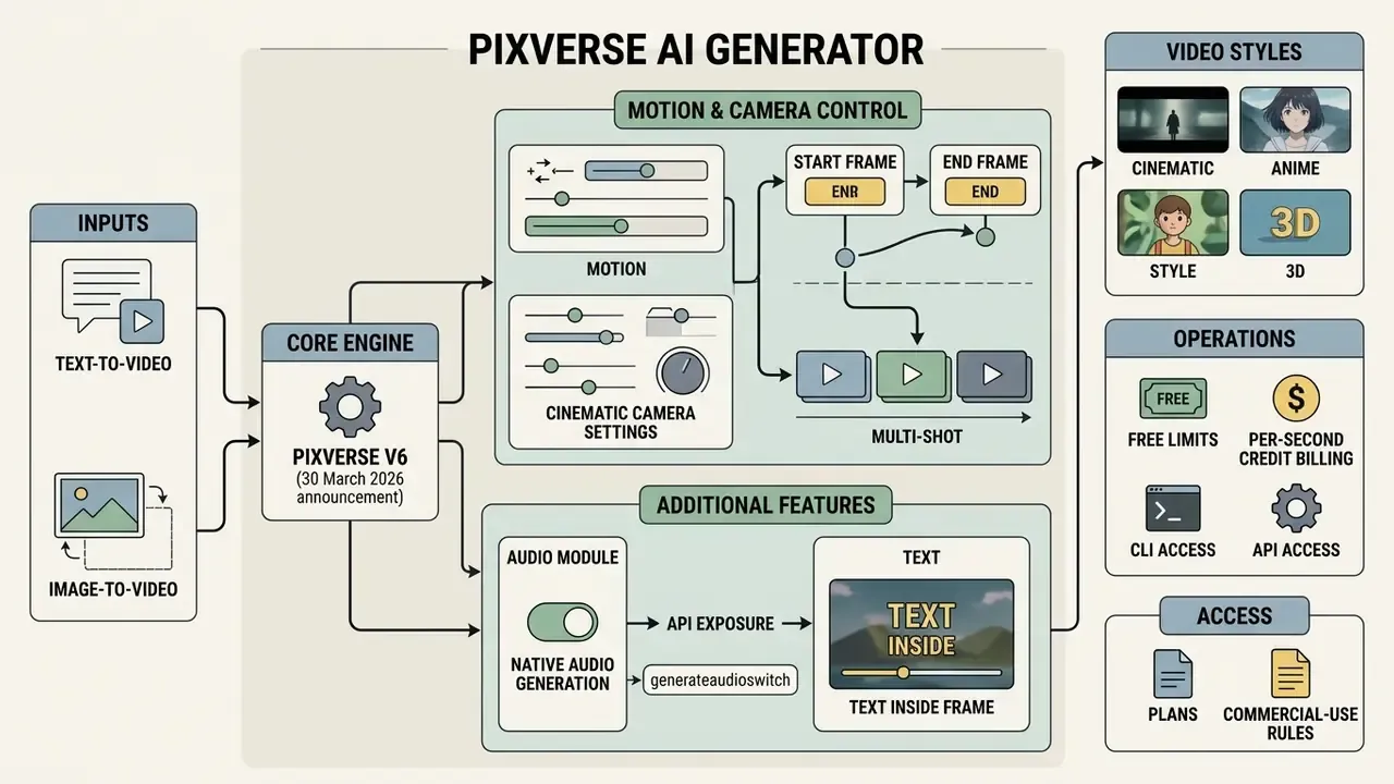 System map detailing PixVerse AI motion controls, camera settings, audio integration, and video styles