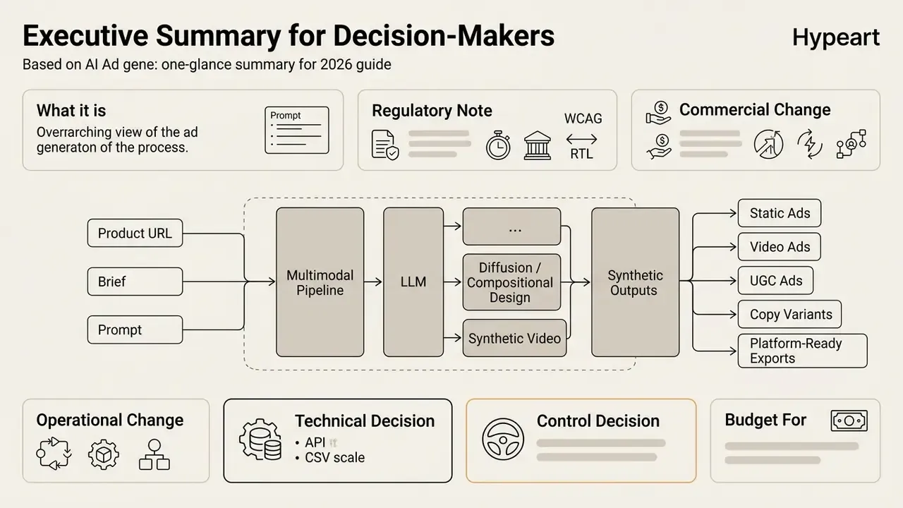 Flowchart showing an AI ad generator pipeline transforming inputs into various synthetic ad outputs