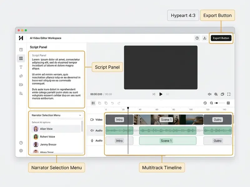 AI video editor interface showing a script panel, narrator selection menu, and multitrack timeline