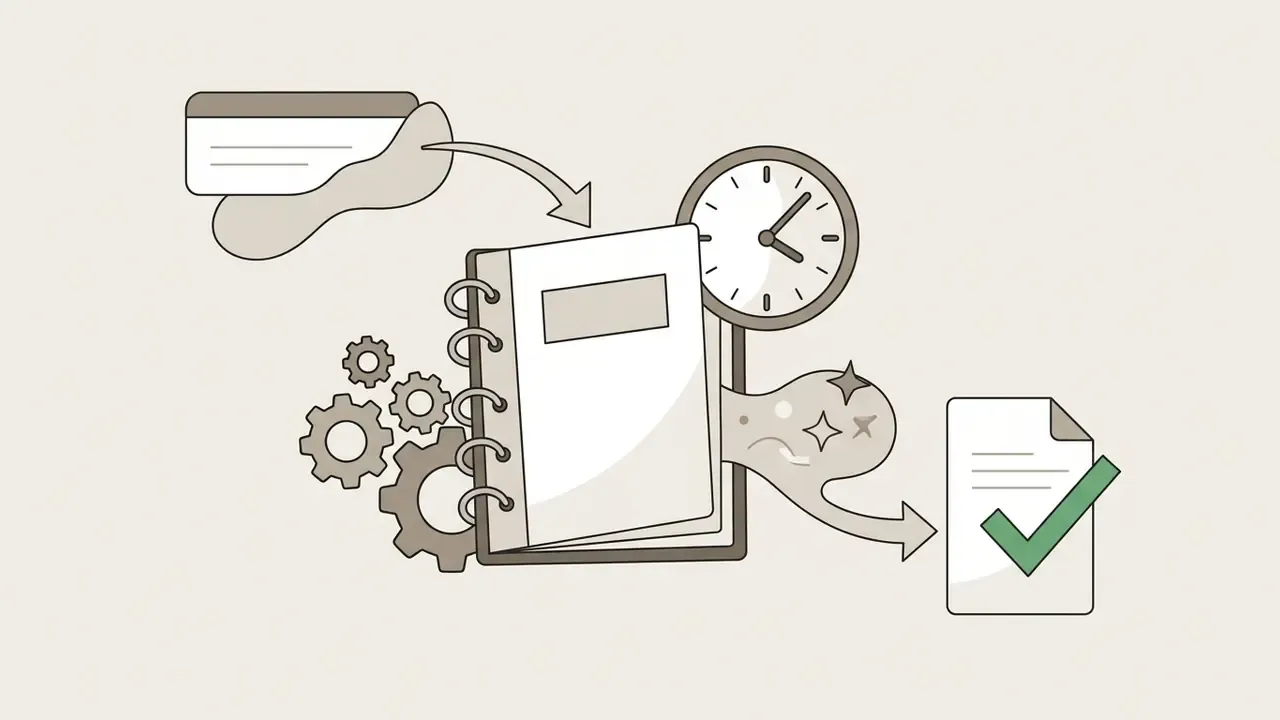 Notebook with clock and gears feeding into a document marked with a green checkmark