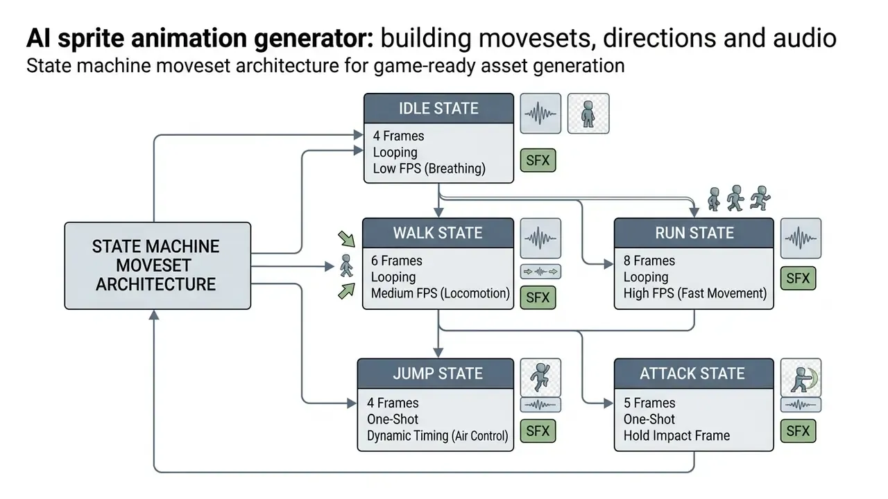 Flowchart mapping character animation states like idle, walk, run, jump, and attack to specific frame counts