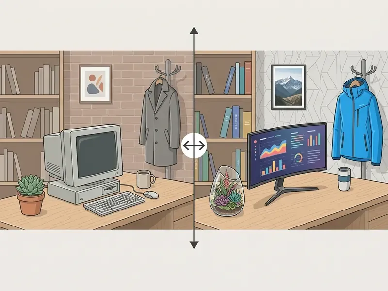 Split screen showing a vintage office setup on the left and a modern workspace transformation on the right