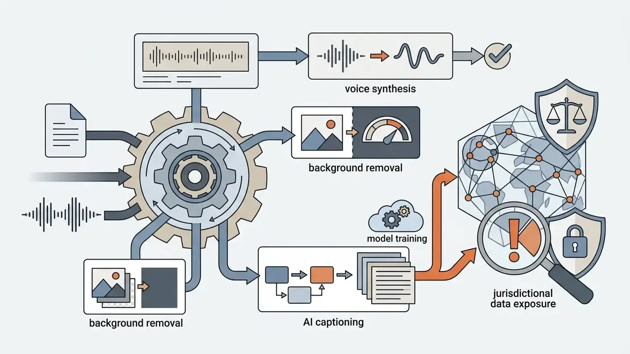 Central gear processing media inputs into AI tools that connect to global data and regulatory risk icons