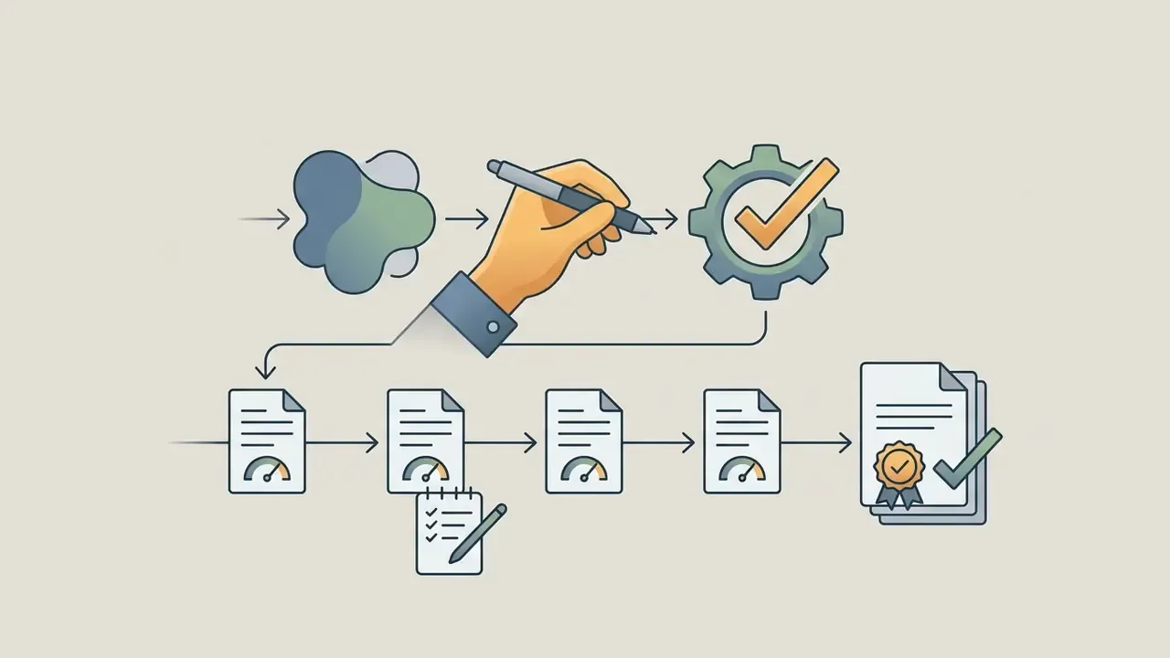 Stylized hand drawing on a gear icon leading to a sequence of documents with speed gauges and checklists