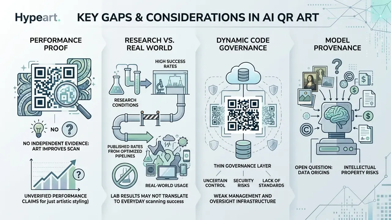Four panels detailing challenges in artistic QR code technology including performance and data provenance