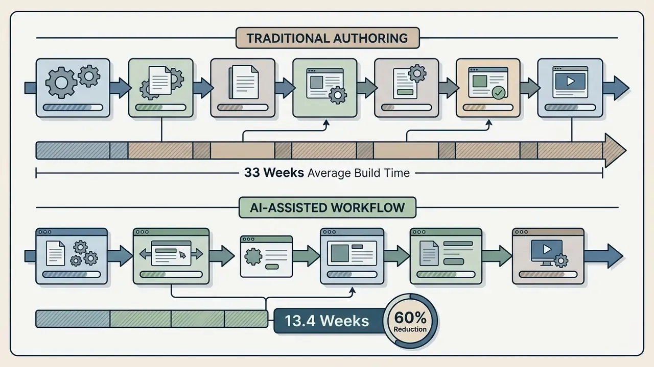 Comparison timeline contrasting a 33-week traditional authoring process with a 13.4-week AI-assisted workflow