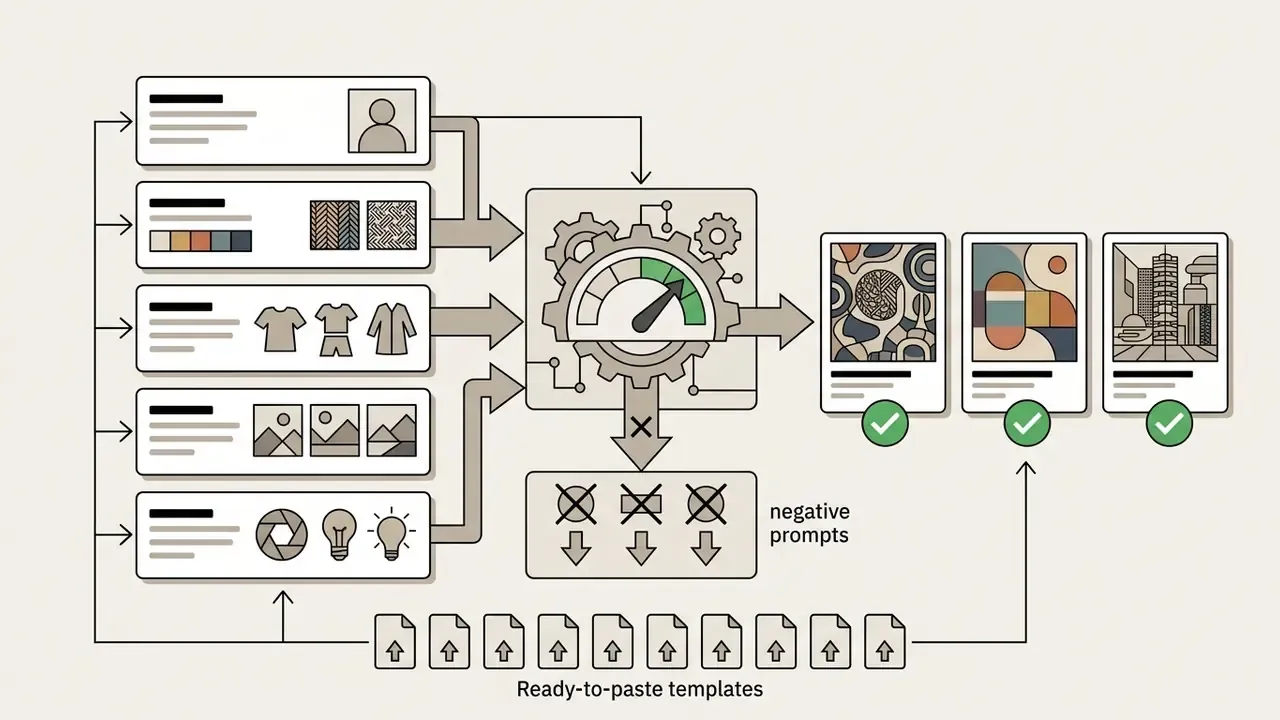 Process flow showing prompt categories feeding into a central engine to generate refined image outputs