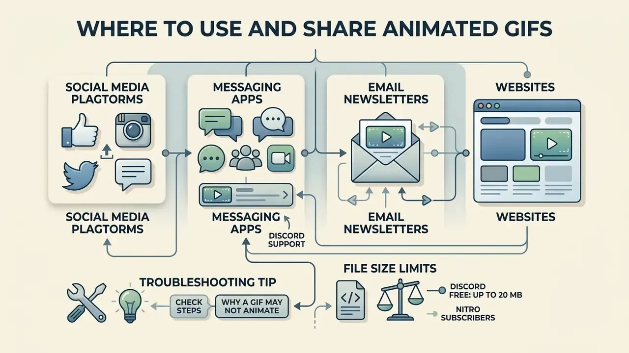 Flowchart connecting social media, messaging apps, email, and websites with file size and support details