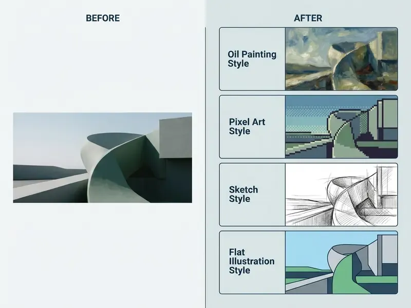 Comparison showing an original architectural photograph transformed into oil, pixel, sketch, and flat styles