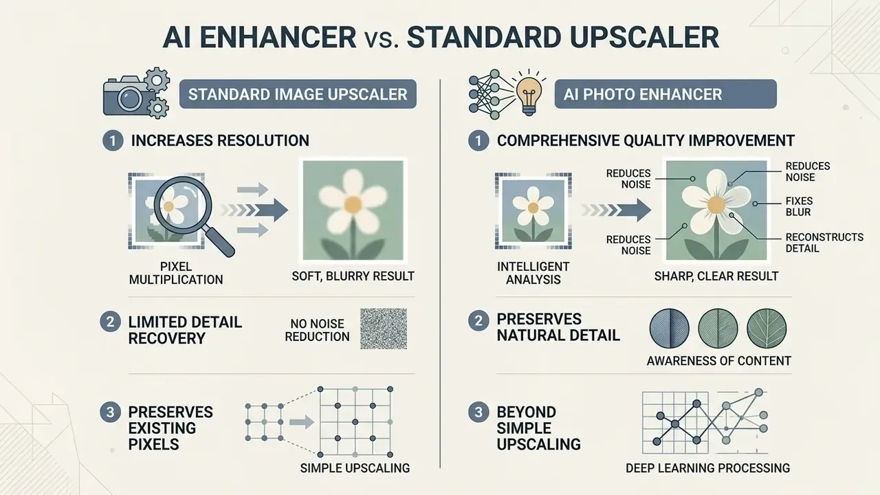 Comparison chart showing how a standard upscaler uses pixel multiplication versus AI deep learning