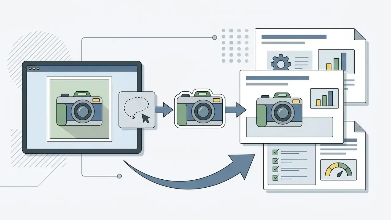 A camera being isolated from a background and placed into various document templates
