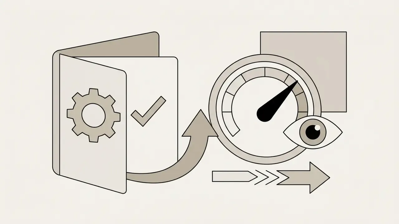 Folder with a gear and checkmark icon pointing to a gauge and an eye symbol representing visual quality