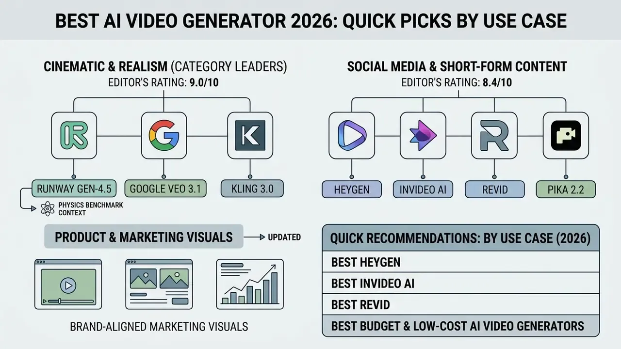 Comparison chart categorizing top AI video generators by cinematic realism and social media use cases