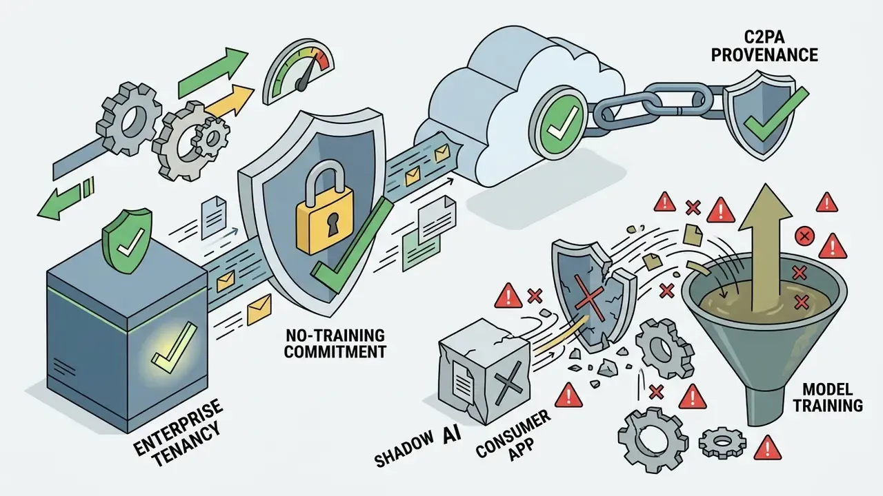 Enterprise tenancy with security shields versus a consumer app leaking data into a model training funnel