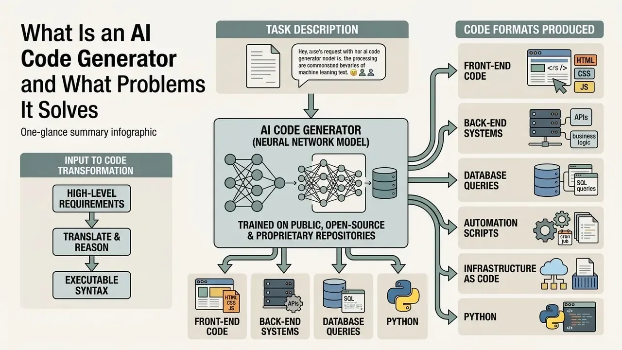 Infographic showing how an AI code generator processes task descriptions into various code formats