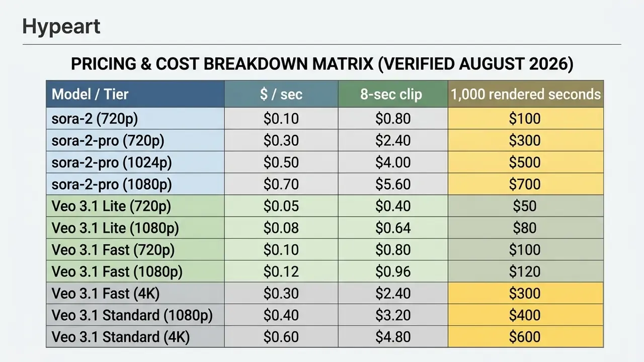 Table displaying cost per second, per clip, and per thousand seconds for various video generation models