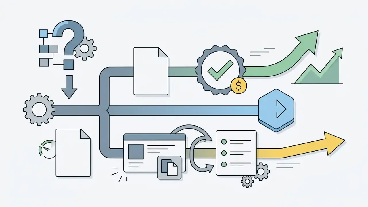 Paths branching from a gear icon toward monetization checkmarks and document processing steps