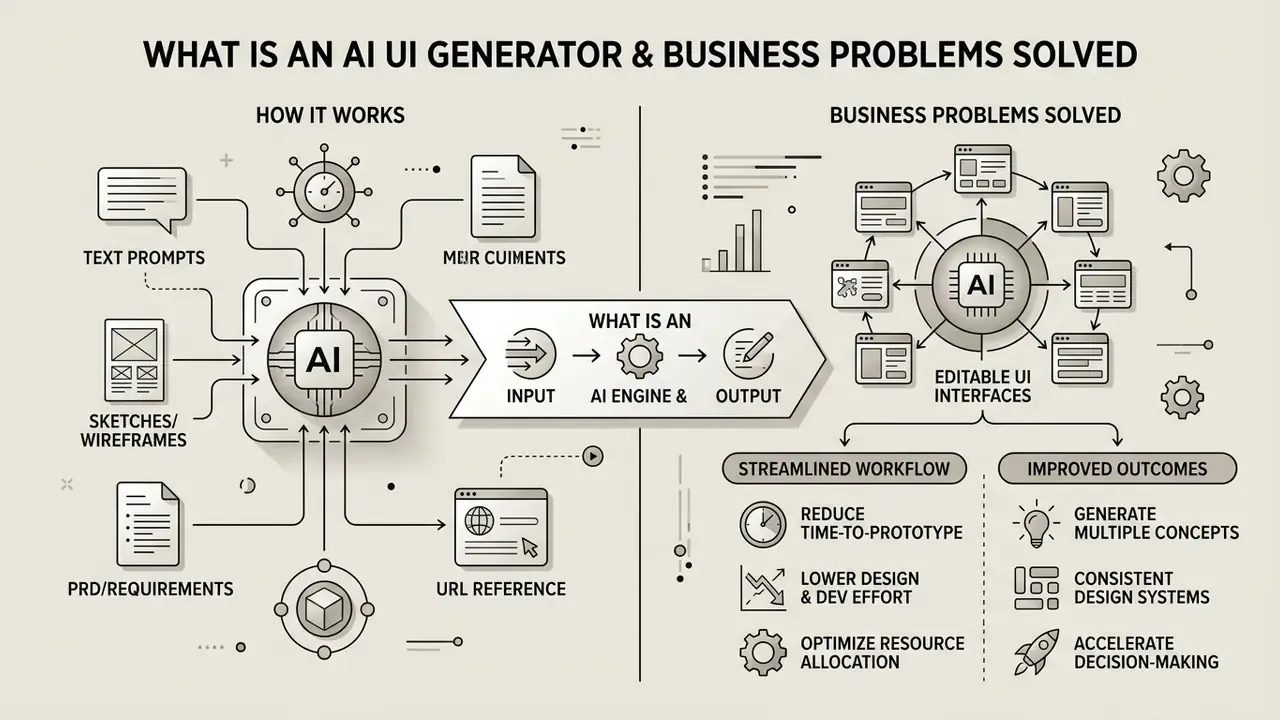 Diagram showing how an AI UI generator processes inputs into editable interfaces and business benefits