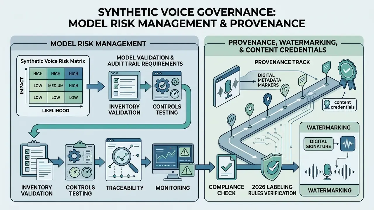 Flowchart outlining risk management steps and provenance tracking for synthetic audio assets
