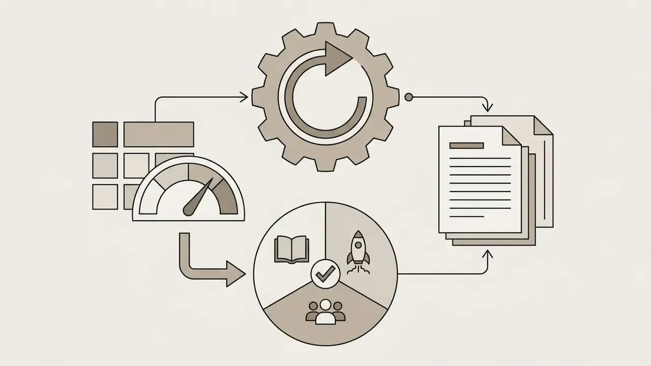 Calendar and gauge icons feeding into a segmented circle that directs output to document files