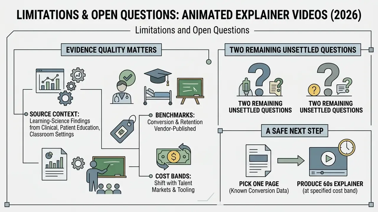 Infographic summarizing evidence quality, unsettled research questions, and a practical testing strategy