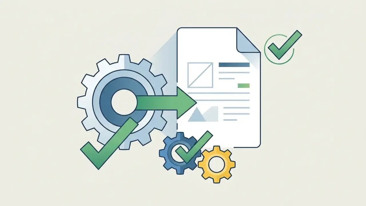 Gears and a document icon marked with green checkmarks indicating successful processing and verification