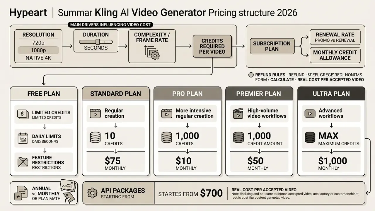 Flowchart comparing Kling AI pricing plans from free to ultra based on credit usage and monthly costs