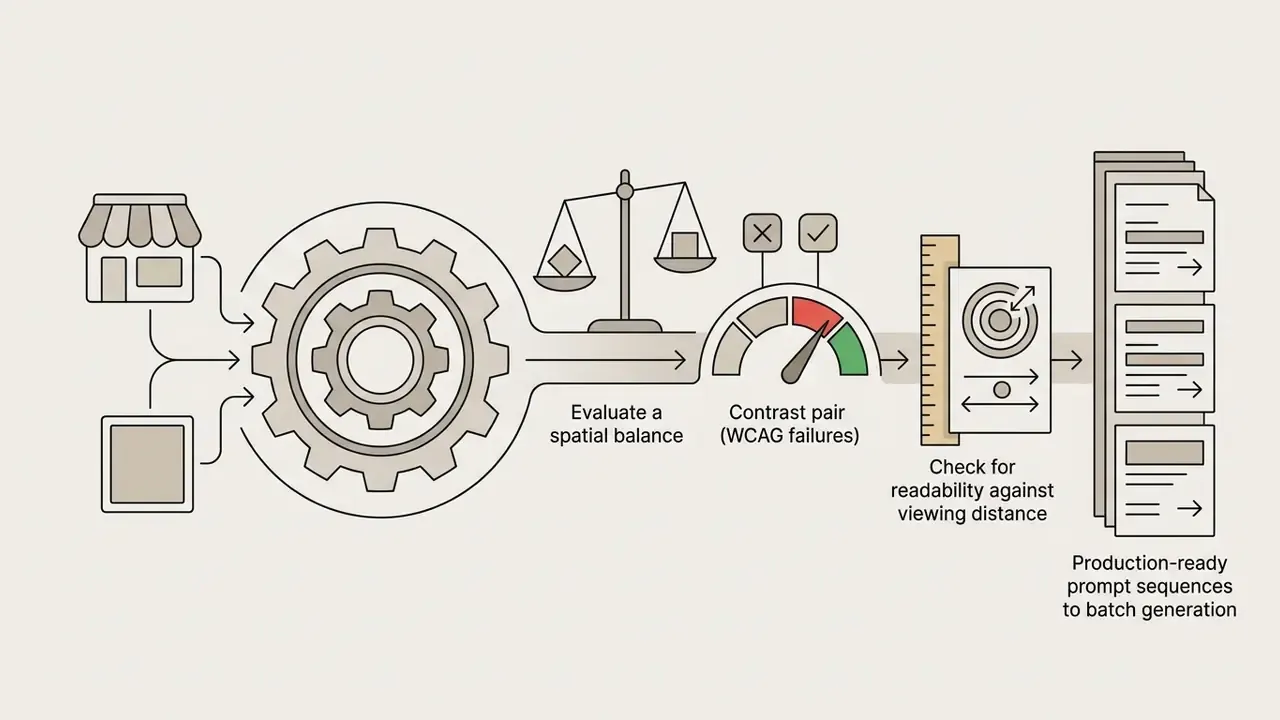 Process icons showing spatial balance, contrast validation, and readability checks for design output