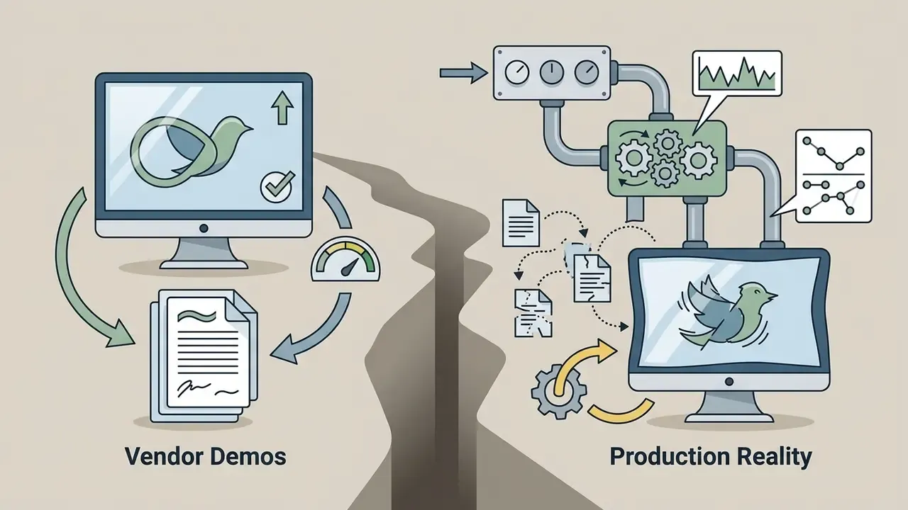 Split view comparing idealized vendor demos with a complex production process involving data and gears
