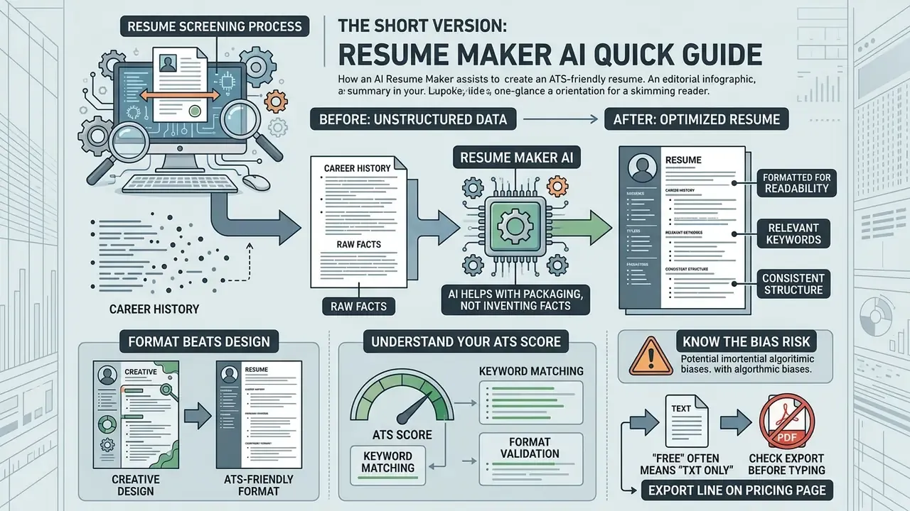 Infographic showing how a resume maker AI transforms raw career history into an optimized ATS-friendly document