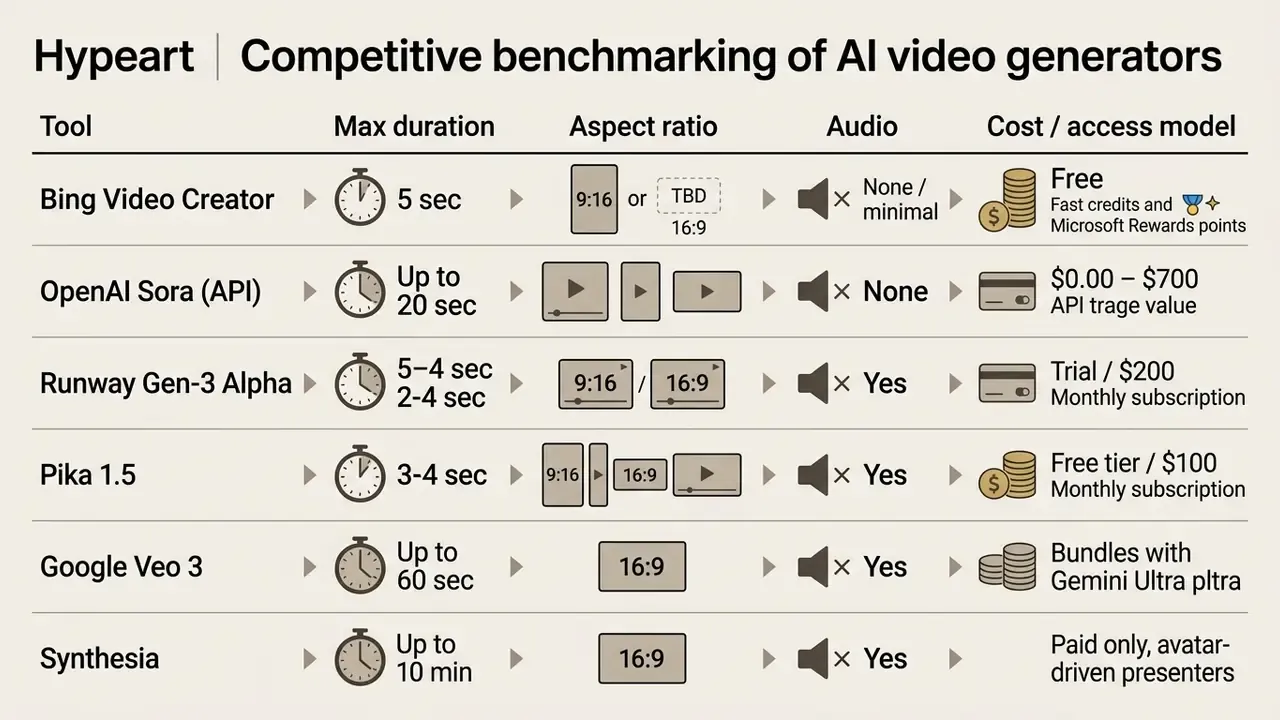 Comparison table listing features like duration, aspect ratio, audio, and cost for various AI video generators