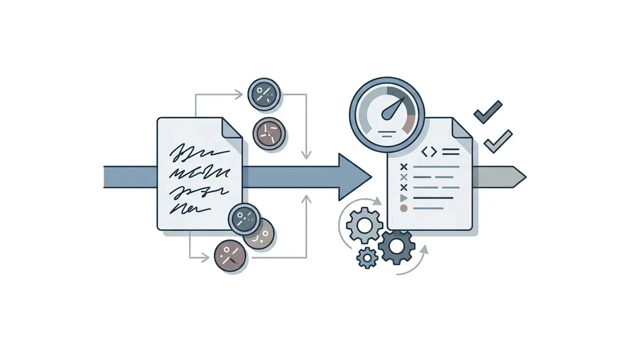 Document moving through a cycle of circular icons into a processing unit with gears and a speed gauge