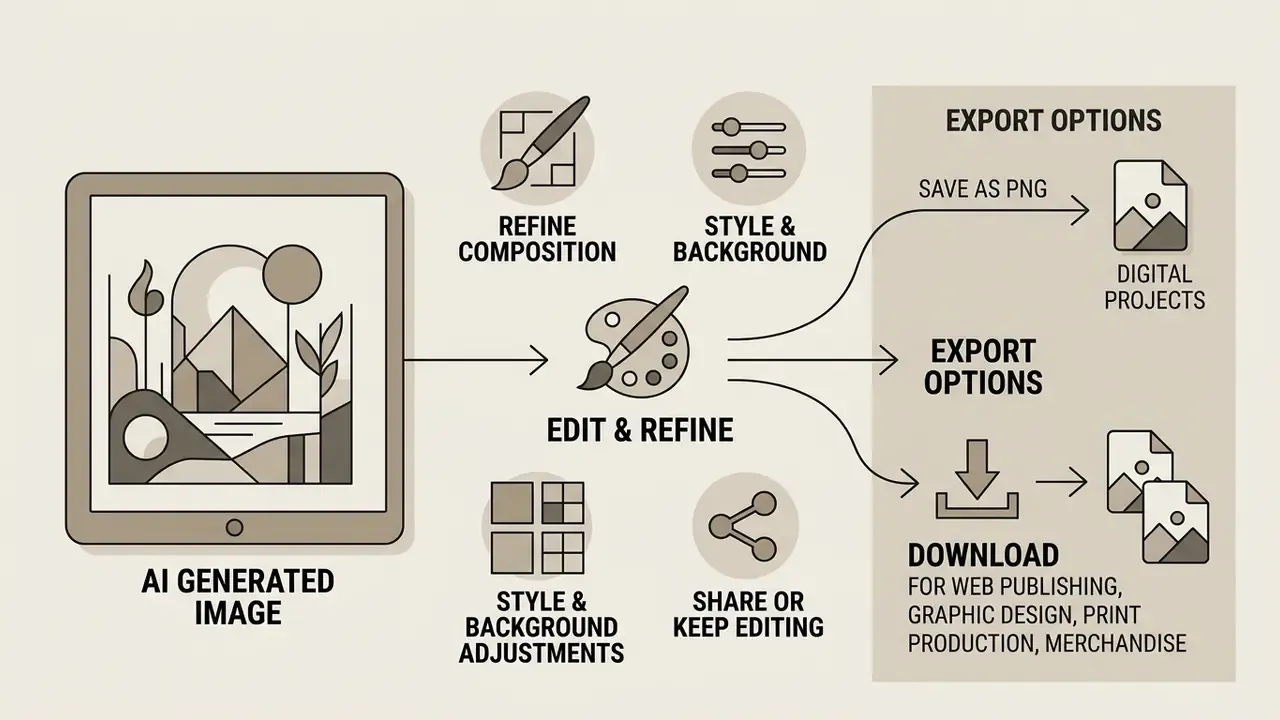 Flowchart showing the steps to edit, refine, and export an AI generated image for various uses