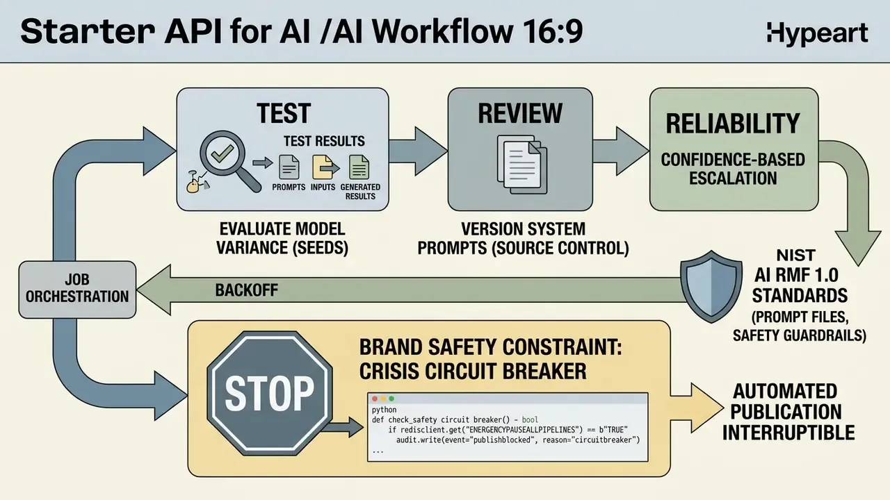 Cycle of test, review, and reliability stages featuring a brand safety circuit breaker and code snippet