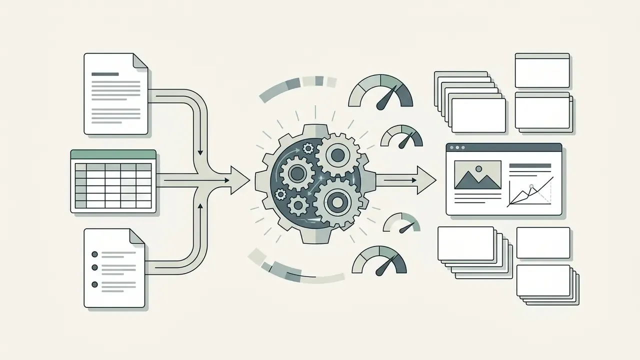 Documents and data feeding into a central gear mechanism that outputs organized presentation slides