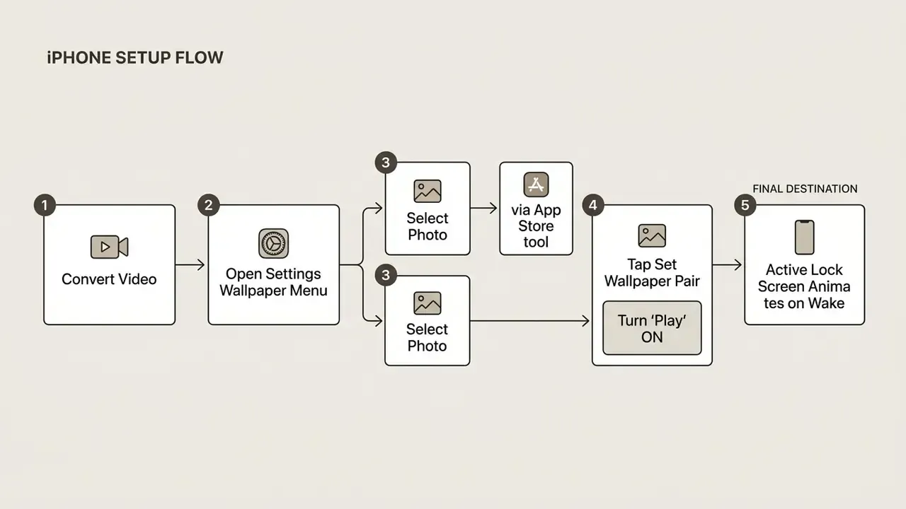 Numbered diagram outlining the five steps to convert and set a video as a live wallpaper on an iPhone